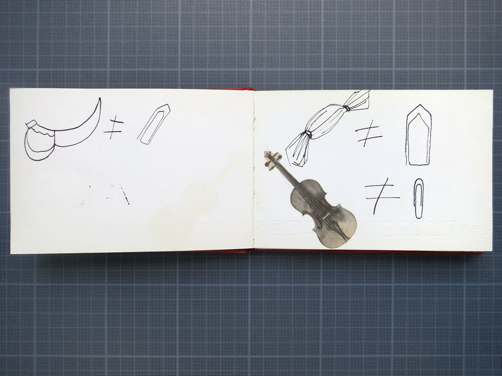 Claude Closky, ‘Untitled (sabre, bonbon, violon),’ 1983, India ink and collage on a sketch pad spread, 10 x 34 cm.